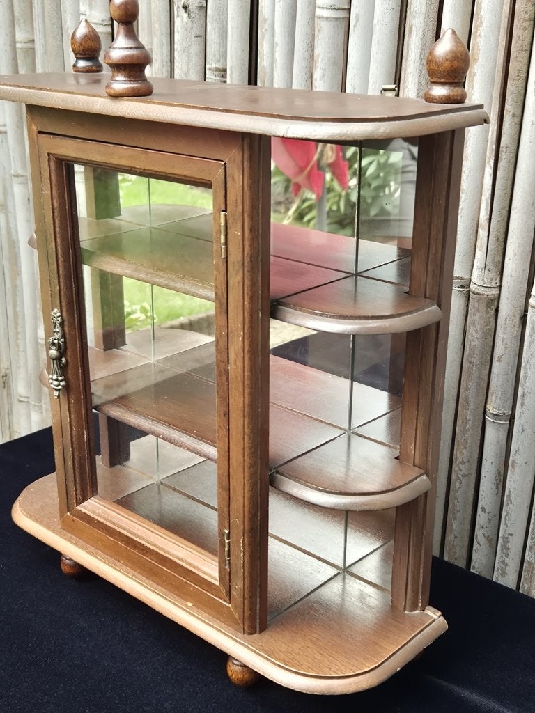 Vintage - Hangkastje - Vitrinekastje - Hout - Spiegelwand-*., Huis en Inrichting, Ophalen, KLASSIEK, Minder dan 50 cm, Overige houtsoorten