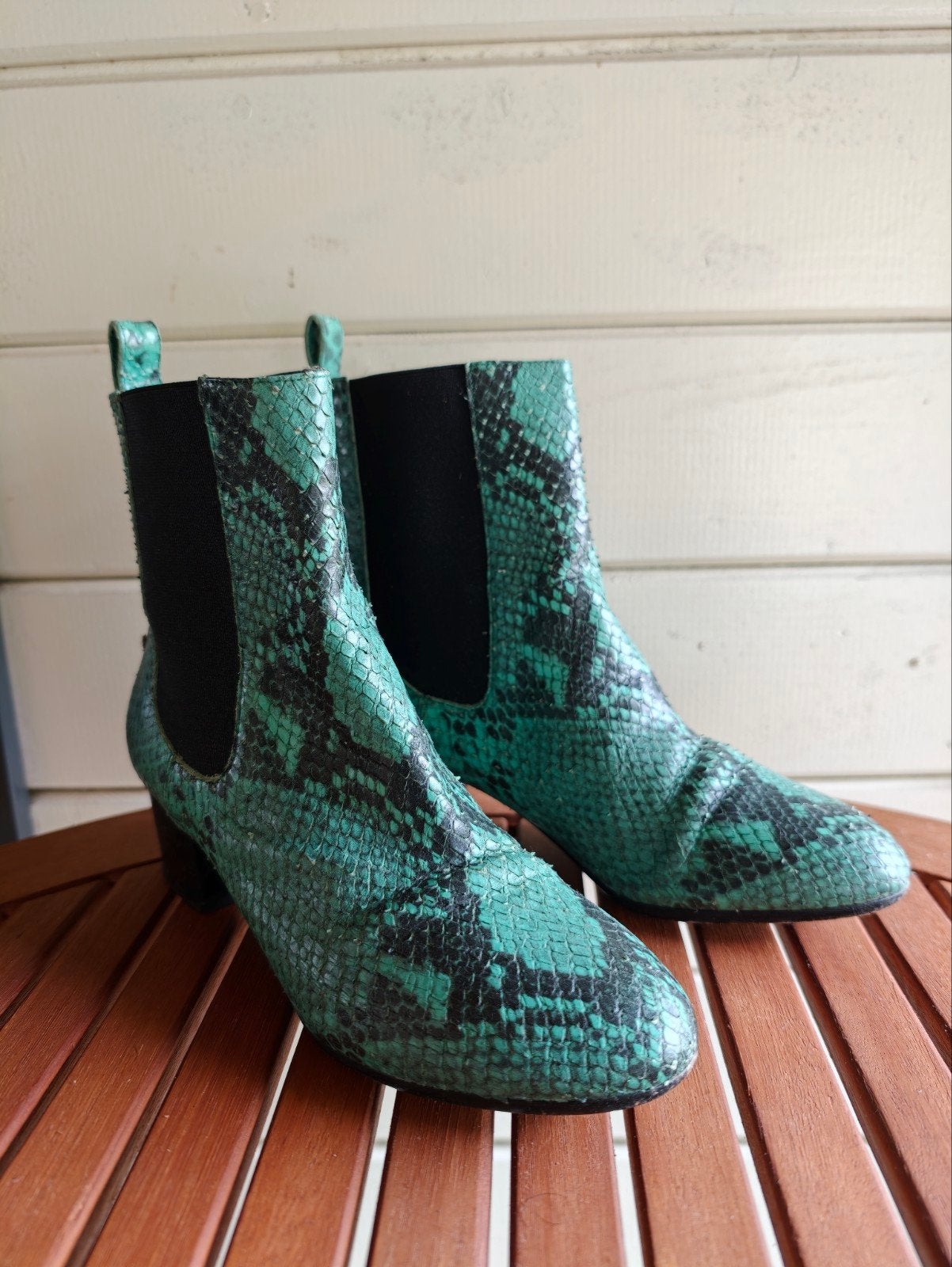 Dries van Noten Enkellaarzen - Groen Slangenprint - MT 37,5, Ophalen of Verzenden, Gedragen, Groen, Dries van Noten