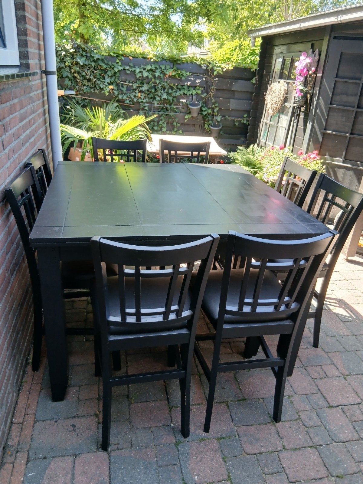 Eethoek voor binnen buiten 8  hoge stoelen/ bar krukken, Ophalen, Gebruikt, Teakhout, 8 zitplaatsen