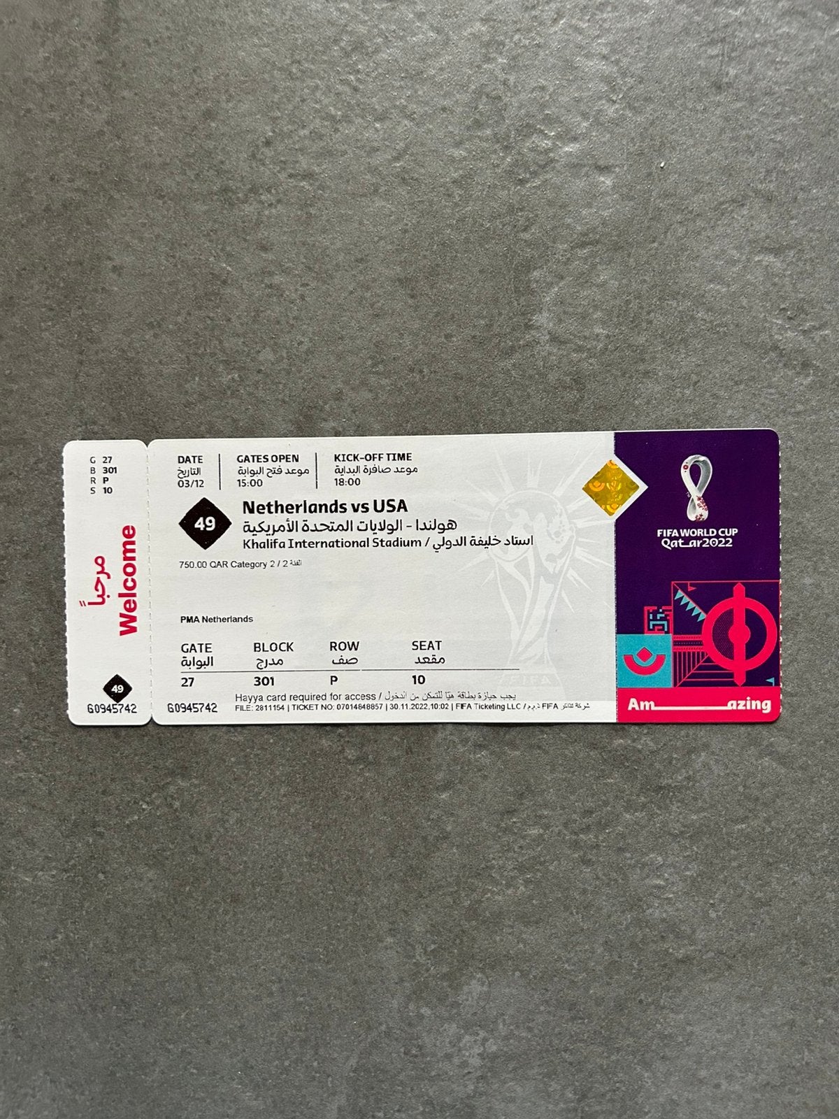 Nederland - USA ticket, Ophalen of Verzenden, Buitenlandse clubs, Overige typen