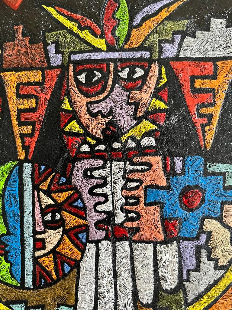 Kleurrijk Afrikaans Kunstwerk op Leer - Handgemaakt, Ophalen of Verzenden