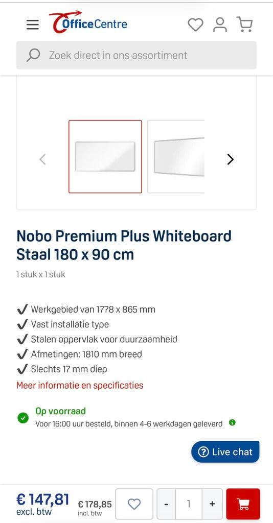 Acco Nobo Elipse whiteboard 180x90cm incl accessoires, Ophalen, Zo goed als nieuw, Magneetbord