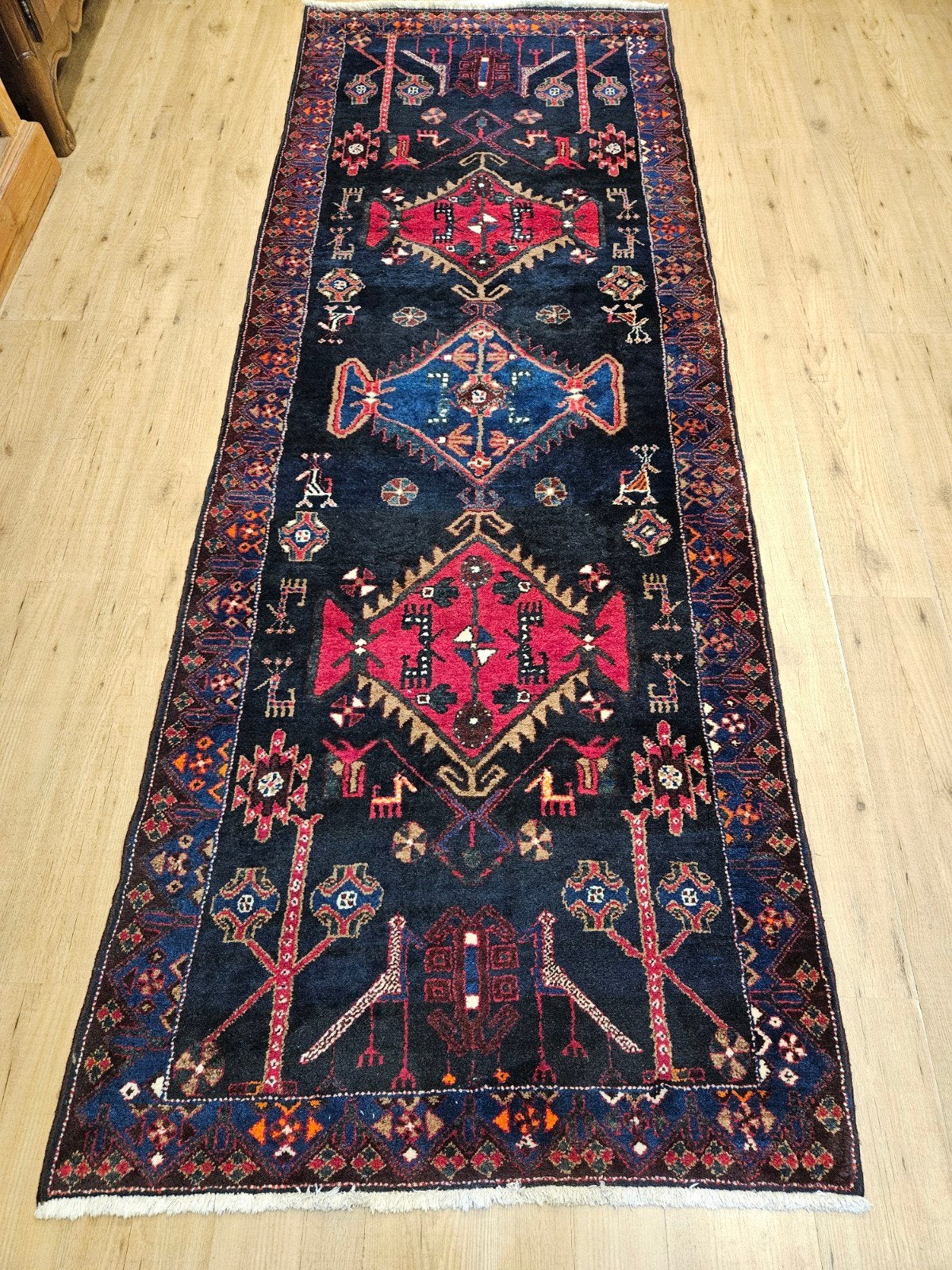 Vintage handgeknoopt perzisch tapijt loper hamadan 302x108, Info@SlatsAntiek.nl, Gebruikt, 100 tot 150 cm, Perzisch