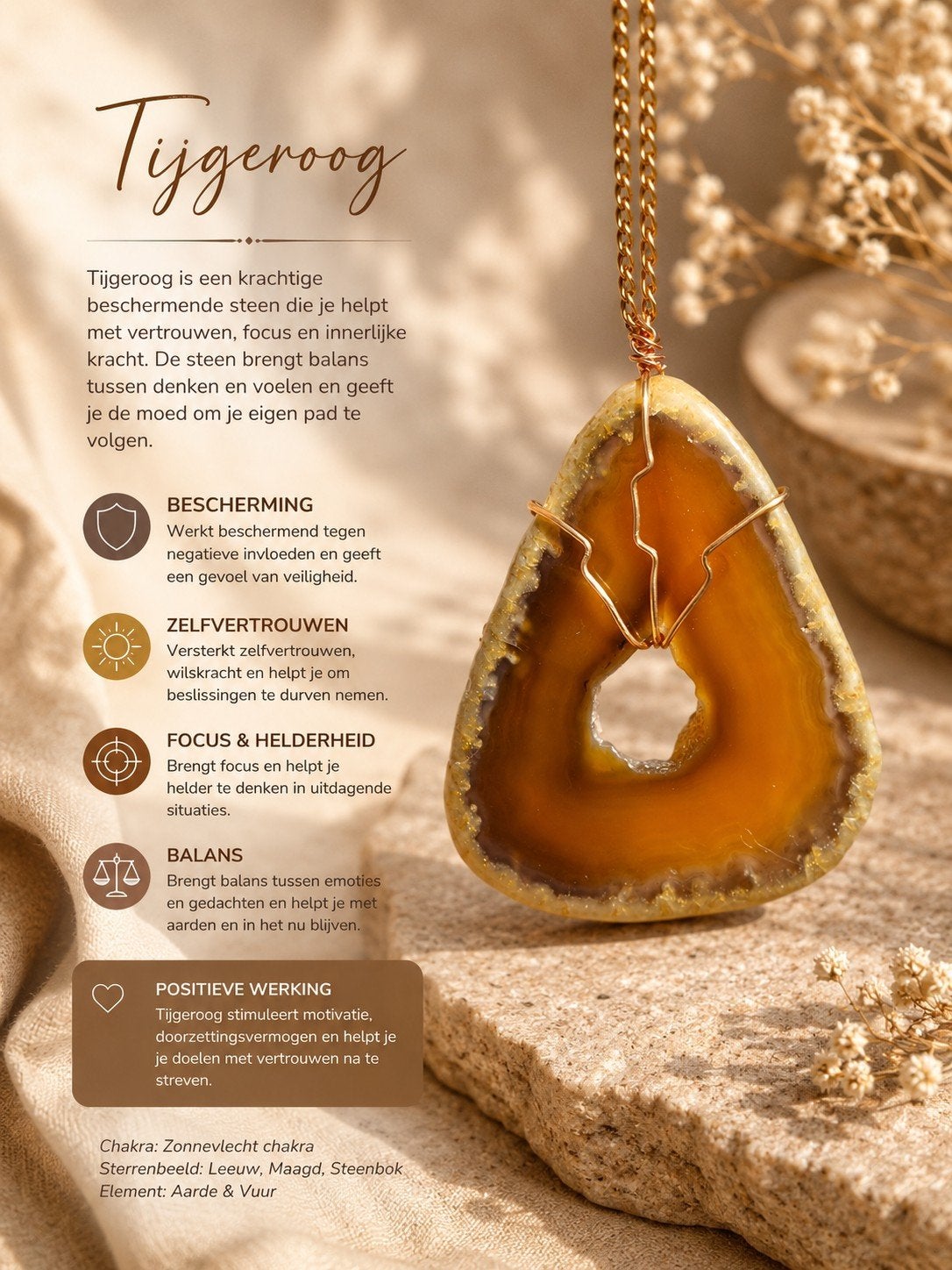 Edelsteen ketting Tijgeroog - 4,5x6cm, 37cm lengte, Sieraden, Tassen en Uiterlijk, Kettingen, Bruin, Nieuw, Ophalen of Verzenden