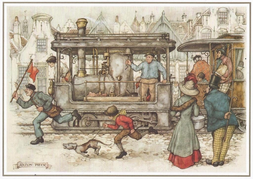 Anton Pieck prent Stoomtram met marchinist 28½x20cm.etc., Ophalen of Verzenden, Zo goed als nieuw, Voor 1940, Prent