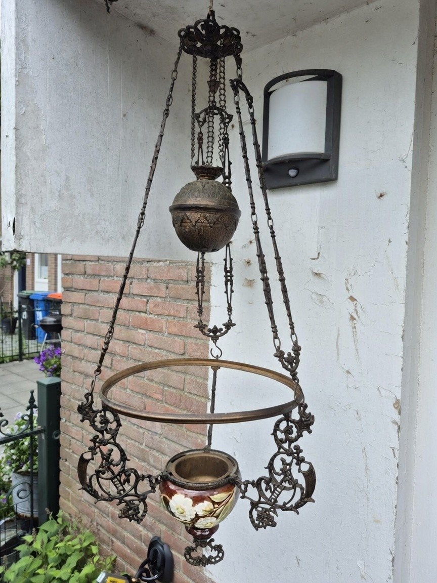 Antieke Mechanische Brandweer Petroleum Hanglamp (1880-1910), Ophalen of Verzenden