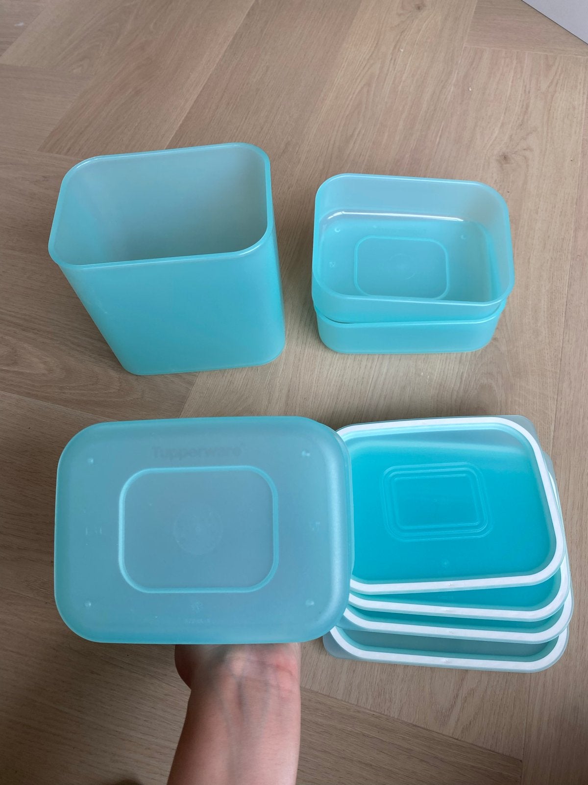 Tupperware bewaarbakjes set - 4 stuks, Gebruikt, Bewaardoos, Blauw, Ophalen of Verzenden