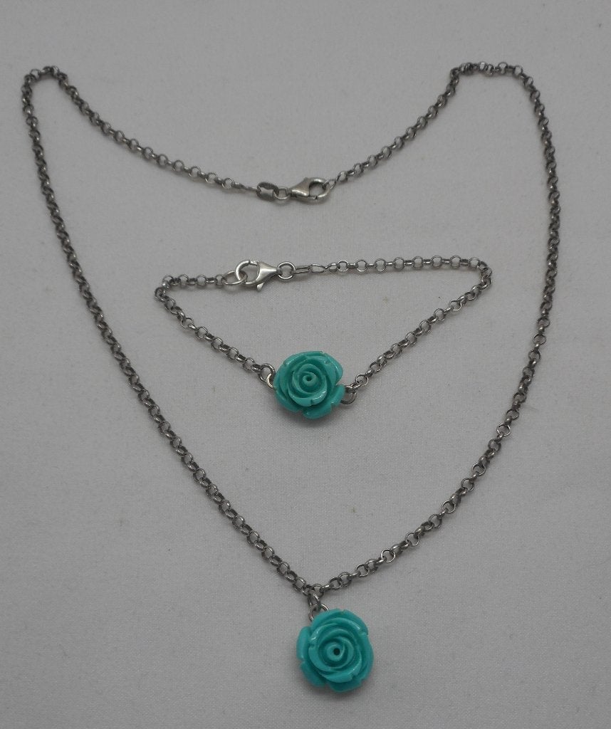 Zilveren set ketting met roos + armbandje met roos nr.001