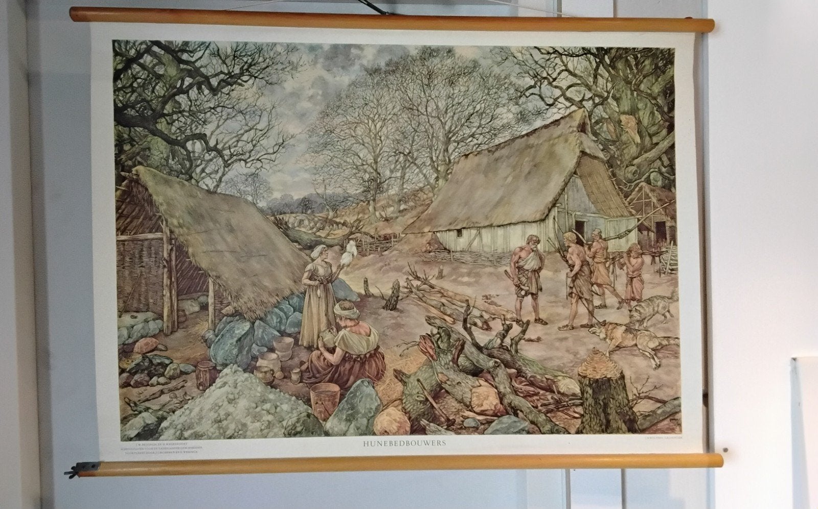 Vintage Schoolplaat: Hunebedbouwers - J.B. Wolters Groningen, Antiek en Kunst, Ophalen of Verzenden, Geschiedenis