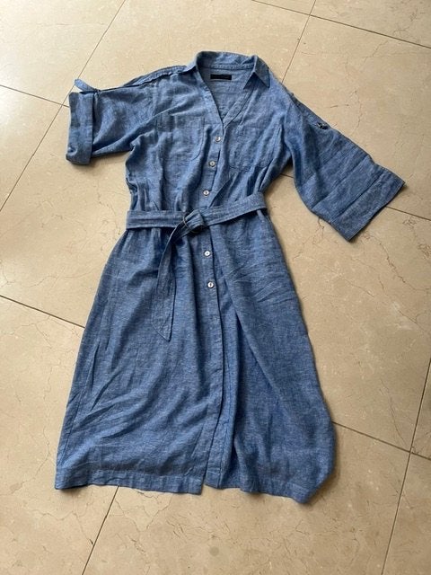 Lichtblauwe Linnen Jurk met Ceintuur - Zara Maat L, Kleding | Dames, Blauw, Maat 42/44 (L), Ophalen of Verzenden, Knielengte