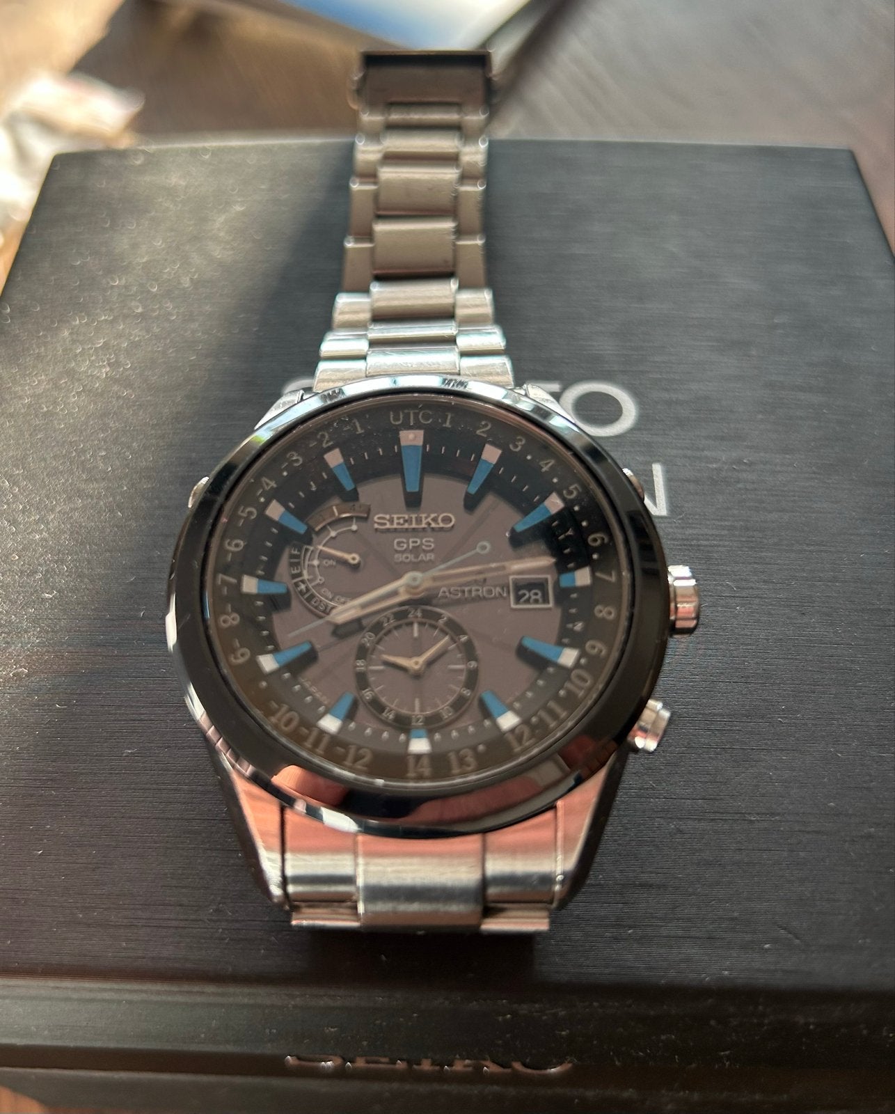 Seiko Astron GPS Solar met extra band en doos, Seiko, Gebruikt, Staal, Polshorloge