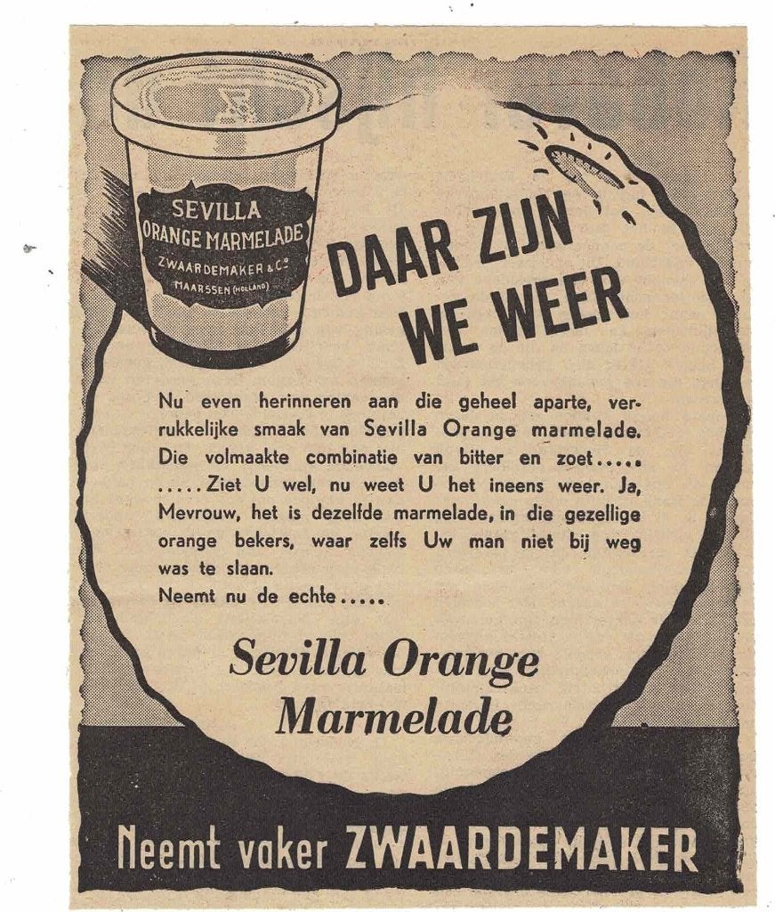 Daar zijn we weer.SEVILLA ORANGE Jam Zwaardemaker 1947, Verzenden, Zo goed als nieuw, Overige typen