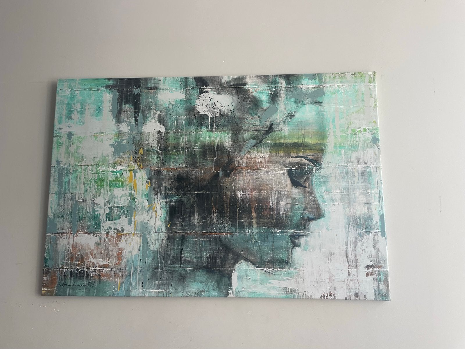 Abstract Portret Schilderij - Groen/Blauw, Antiek en Kunst, Kunst | Schilderijen | Modern, Ophalen, Acrylverf, Met textuur, Portret