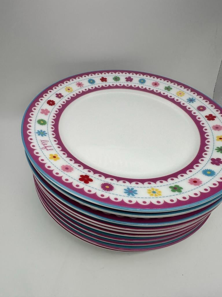 10 Lief! ontbijtbordjes - 7 blauw, 3 roze, Gebruikt, Keramiek, Ophalen of Verzenden, Bord(en)