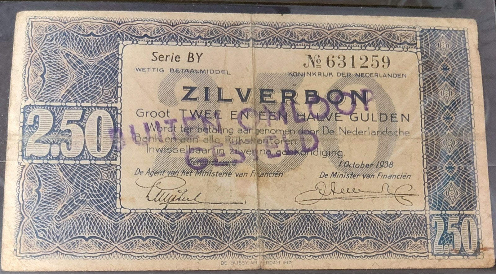 2½ gulden 1938 zilverbon Buiten omloop gesteld, Postzegels en Munten, Ophalen of Verzenden, 2½ gulden, Los biljet