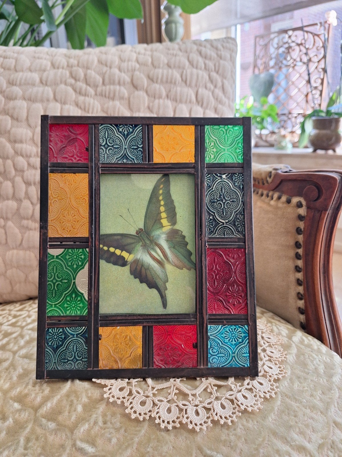 Vintage Fotolijst Glas in Lood met Vlinder ** Mimosa **, Antiek en Kunst, Ophalen of Verzenden