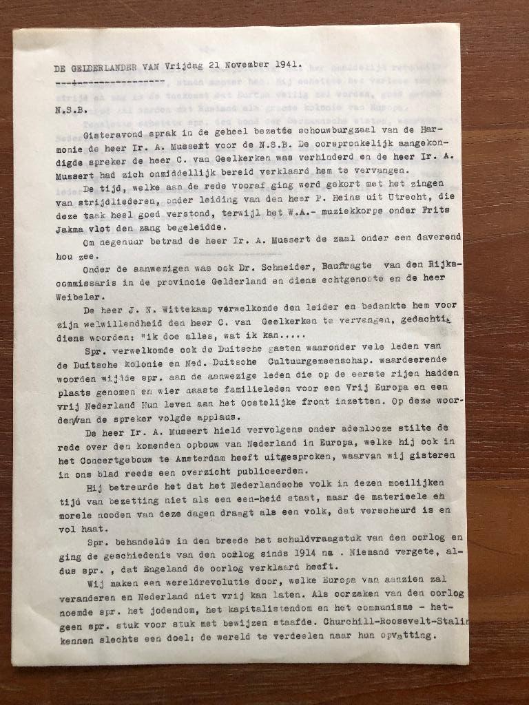NSB De Gelderlander 21-11-1941.Verslag van een rede van Mus-, Verzenden, Overige onderwerpen, Tweede Wereldoorlog, Gelezen