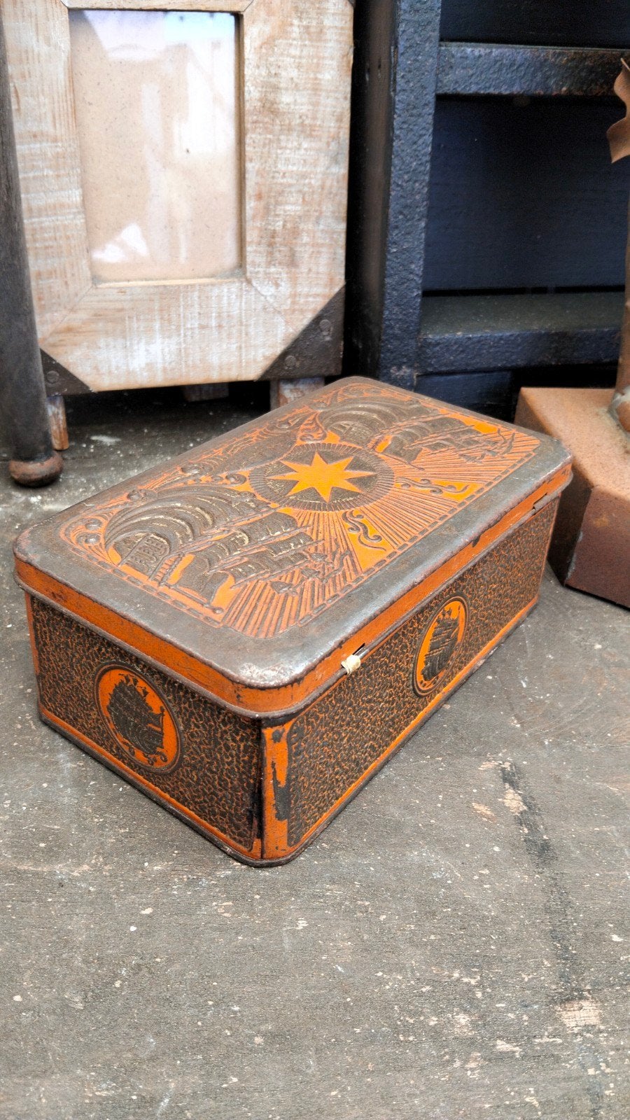 Brocante metalen blik oranje, Ophalen of Verzenden, Gebruikt, Overige
