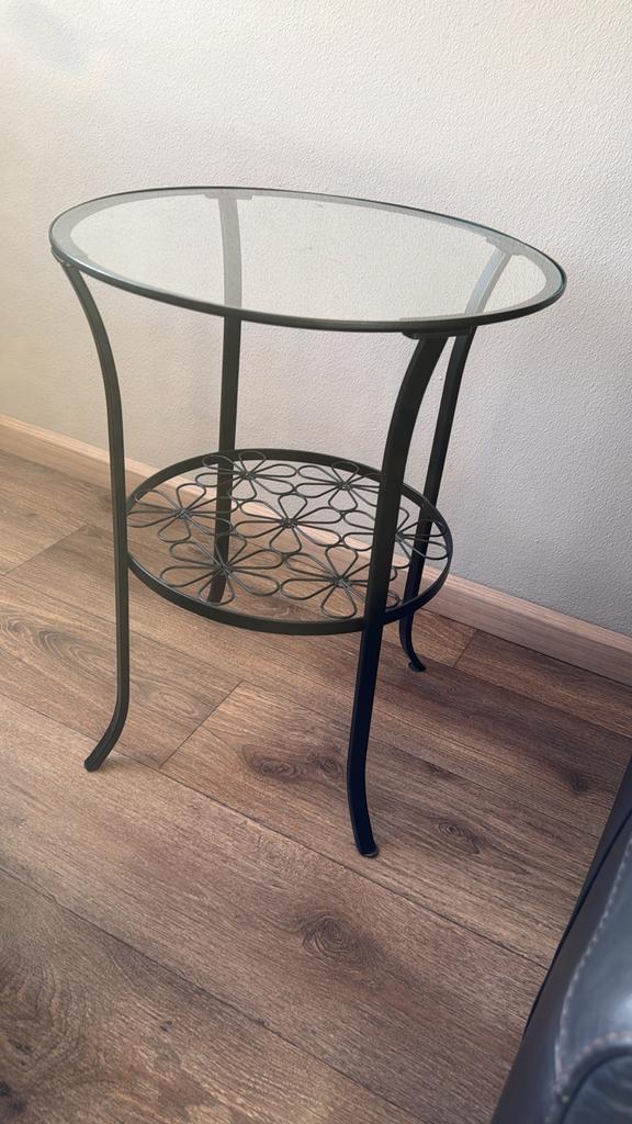 Glazen bijzettafel met gietijzeren onderstel, Minder dan 55 cm, Rond, Ophalen, 45 tot 60 cm