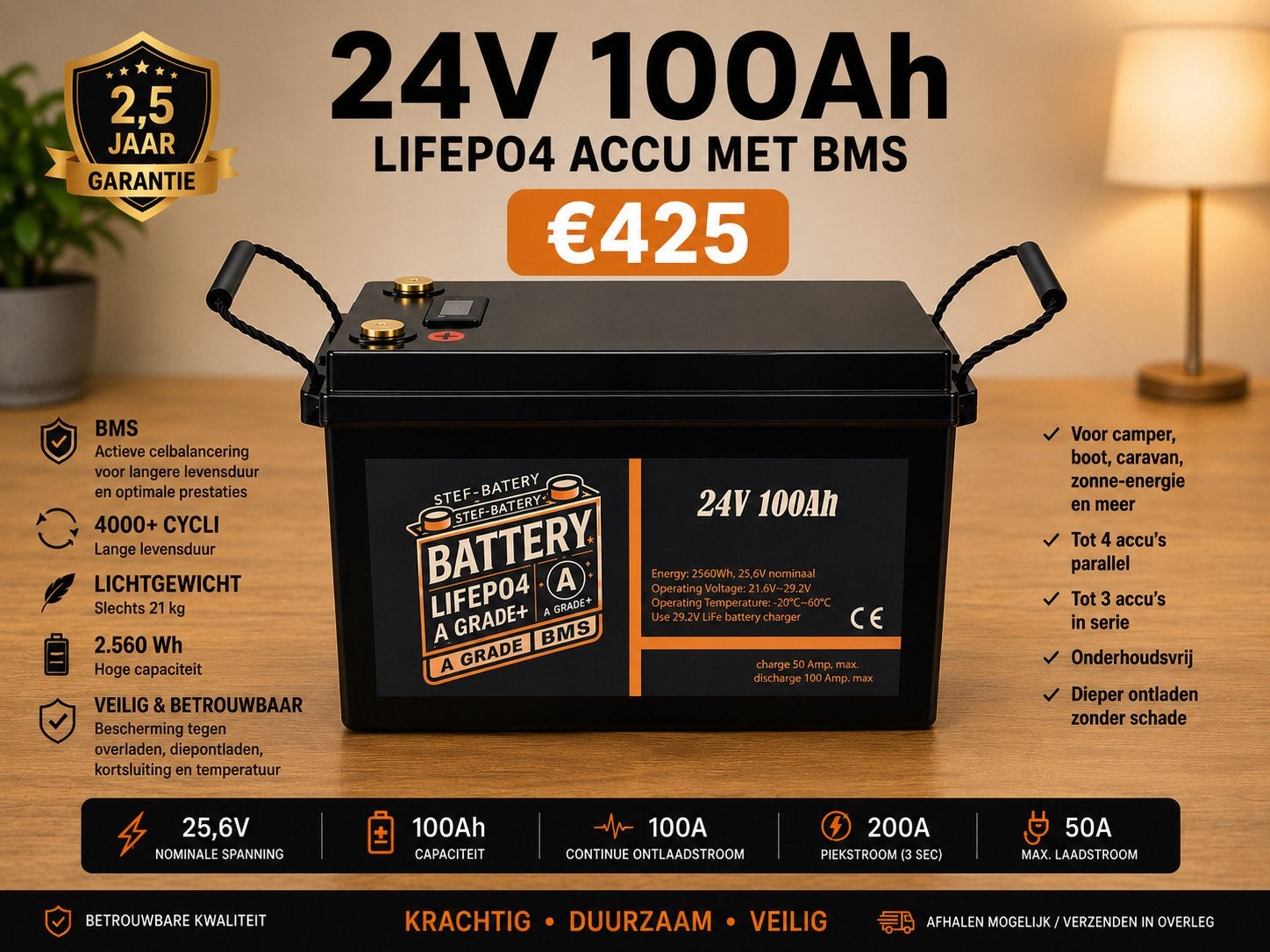 Lithium Lifepo4 accu 24 Volt (25,6Volt ) 100Ah 2560Wh, Ophalen of Verzenden, Nieuw, Oplaadbaar