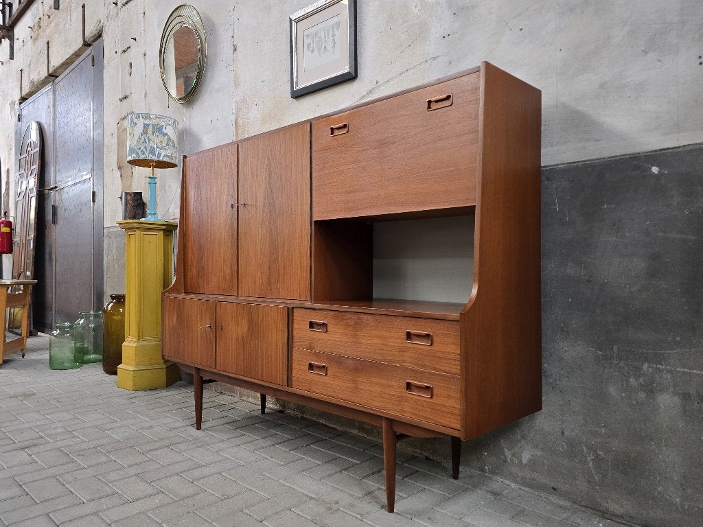 Mid Century Design Wand Kast Teak Vintage Jaren 60 Dressoir, Gebruikt, 100 tot 150 cm, 150 tot 200 cm, Ophalen of Verzenden