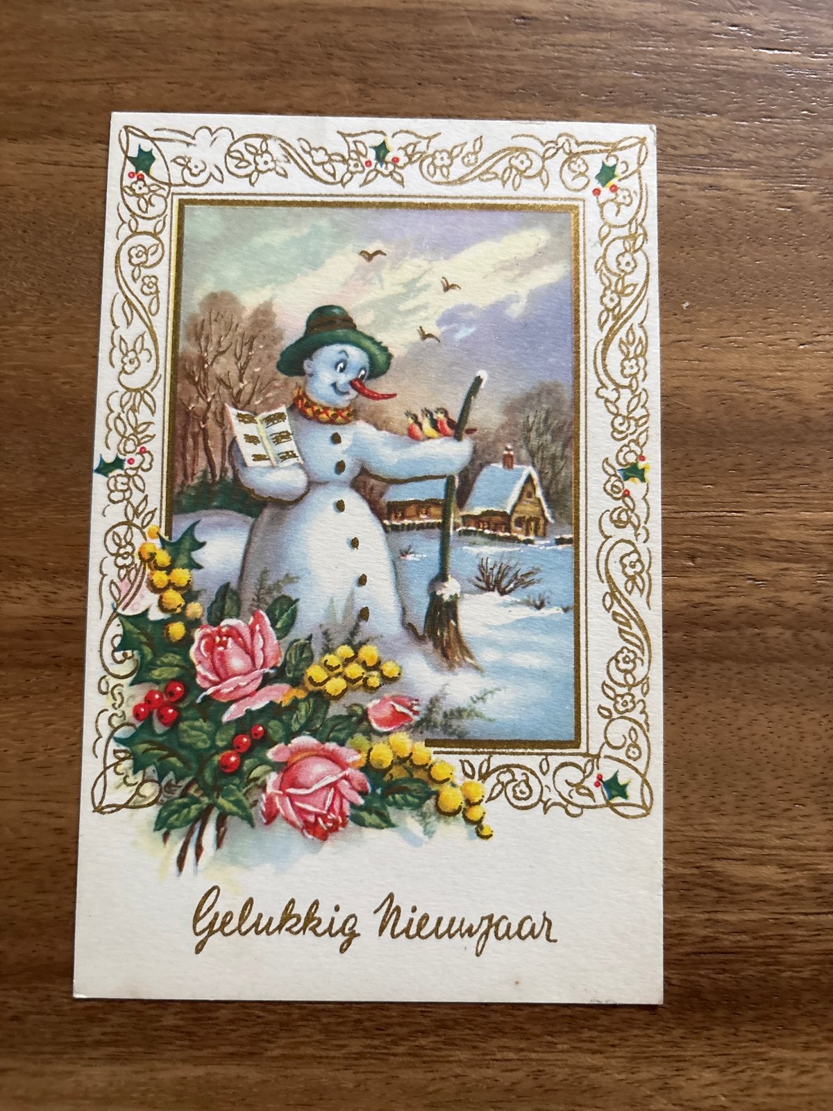 Vintage Nieuwjaarskaart Sneeuwpop Gelukkig Nieuwjaar, Ophalen of Verzenden, 1940 tot 1960, Gelopen
