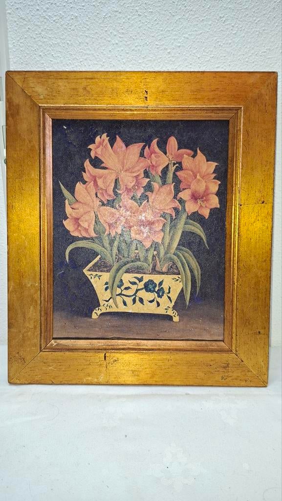 Vintage Schilderij: Bloemen in Pot, Olieverf op Paneel, Ophalen of Verzenden