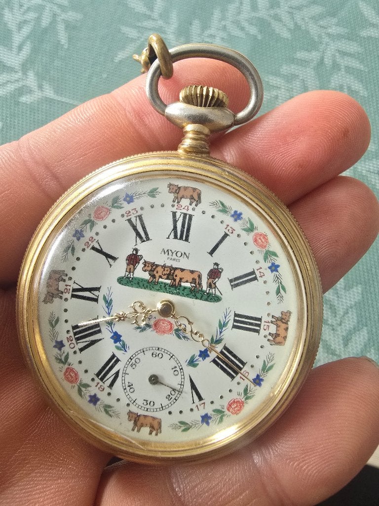 Myon Paris Zakhorloge – Alpen/Koeien Motief, Ophalen of Verzenden, Staal, Overige merken