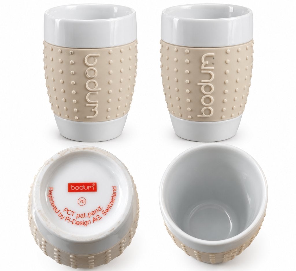 Bodum Pavina porseleinen beker – beige siliconen grip (2x), Bodum, Ophalen of Verzenden, Steen/keramiek, Wit