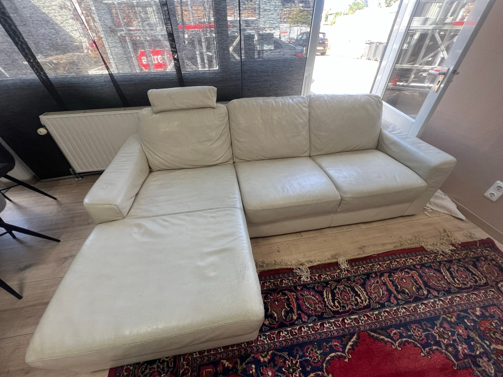 Leren hoekbank, wit/crème, gebruikt, Huis en Inrichting, Banken | Bankstellen, 250 tot 300 cm, Gebruikt, 100 tot 125 cm, Hoekbank