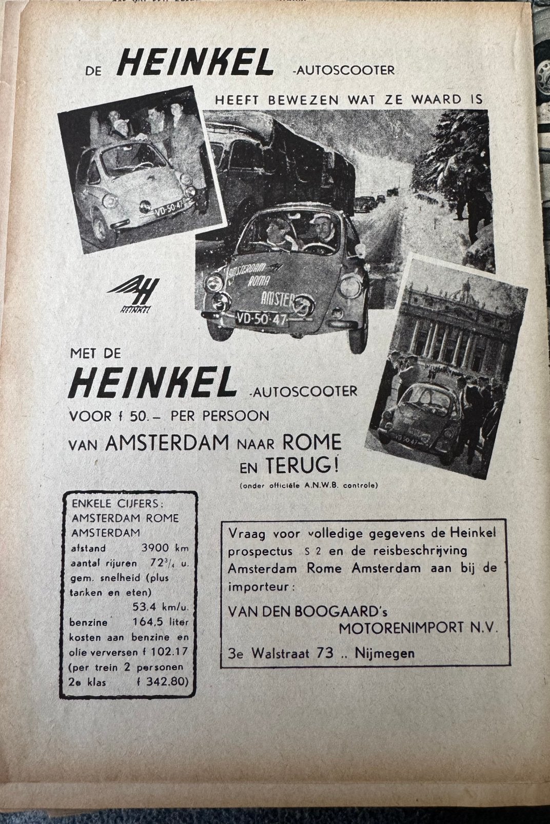 Advertentie Heinkel auto scooter Amsterdam Rome retour, Verzenden, Zo goed als nieuw, Auto's