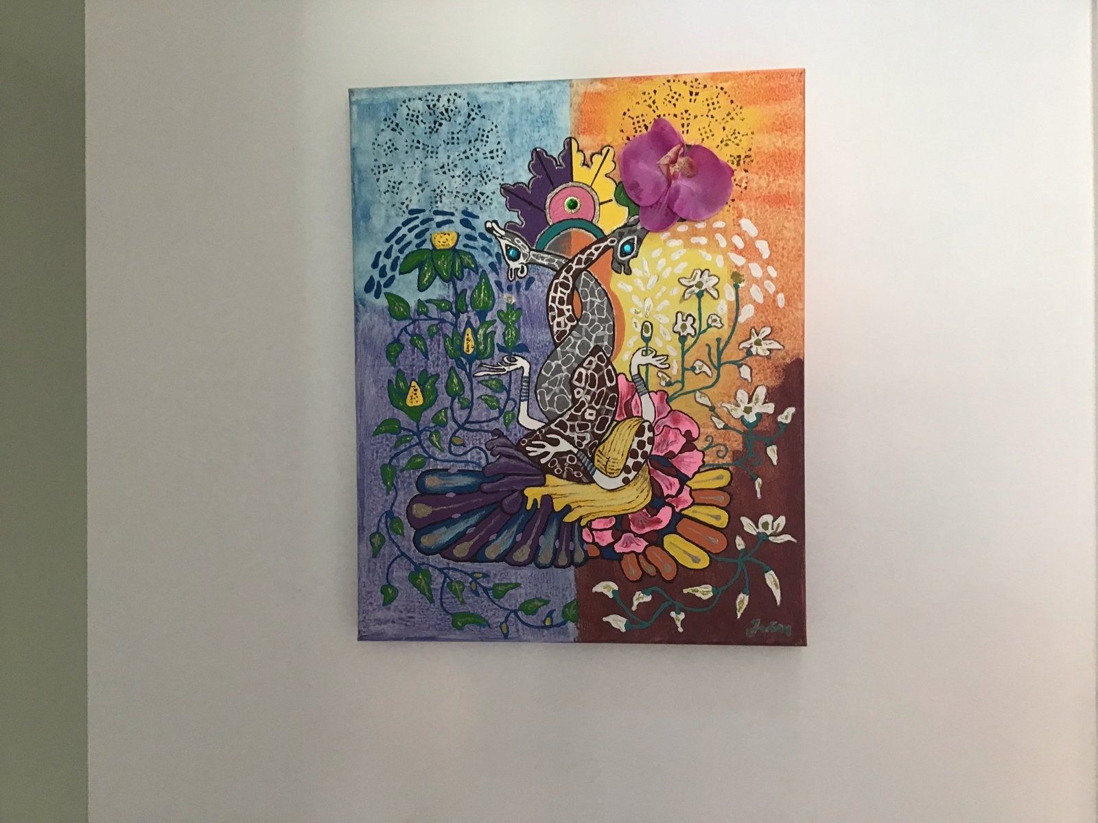 Kleurrijk schilderij het de giraffemeisje met bloemen, Acrylverf, Doek, Expressionistisch, Dieren