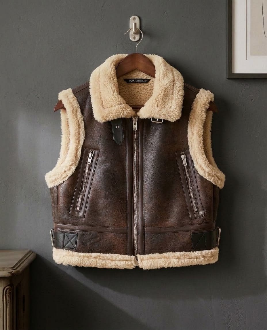 Zara Gilet Biker Vest Bruin met Bont - Maat s, Ophalen of Verzenden, Zo goed als nieuw, Bruin