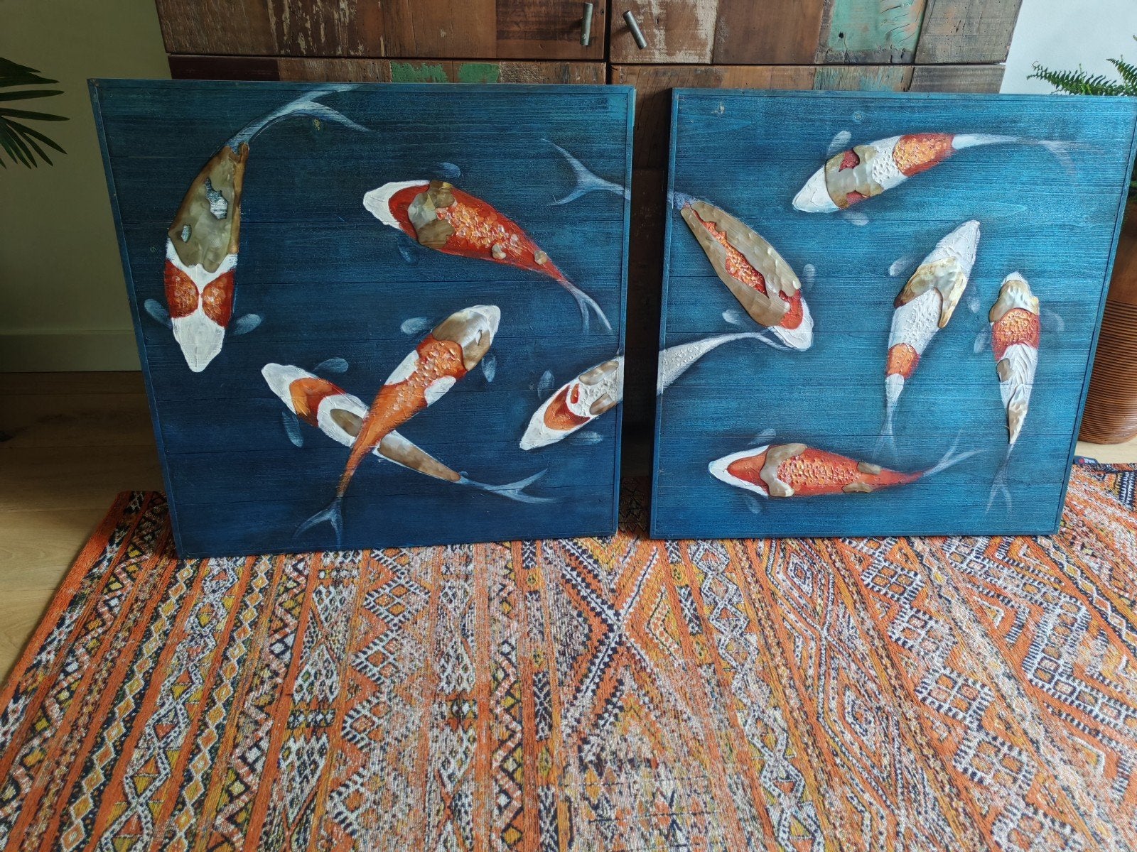 Set van 2 handgeschilderde Koi karper schilderijen, Ophalen, Realistisch, Origineel werk, Maritiem / water
