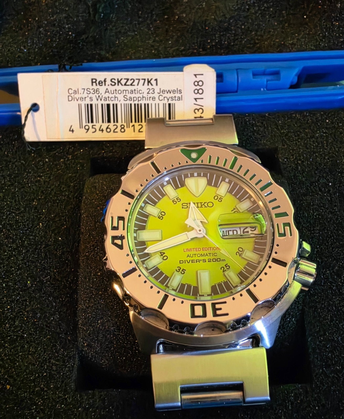 Zeer zeldzaam Seiko "Lime Monster" SKZ277K1 Limited Edition, Ophalen, Zo goed als nieuw, Staal, Seiko