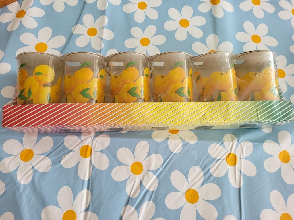 6 nieuwe retro  vintage glazen met sinaasappels, Huis en Inrichting, Keuken | Servies, Glas of Glazen, Nieuw, Ophalen of Verzenden