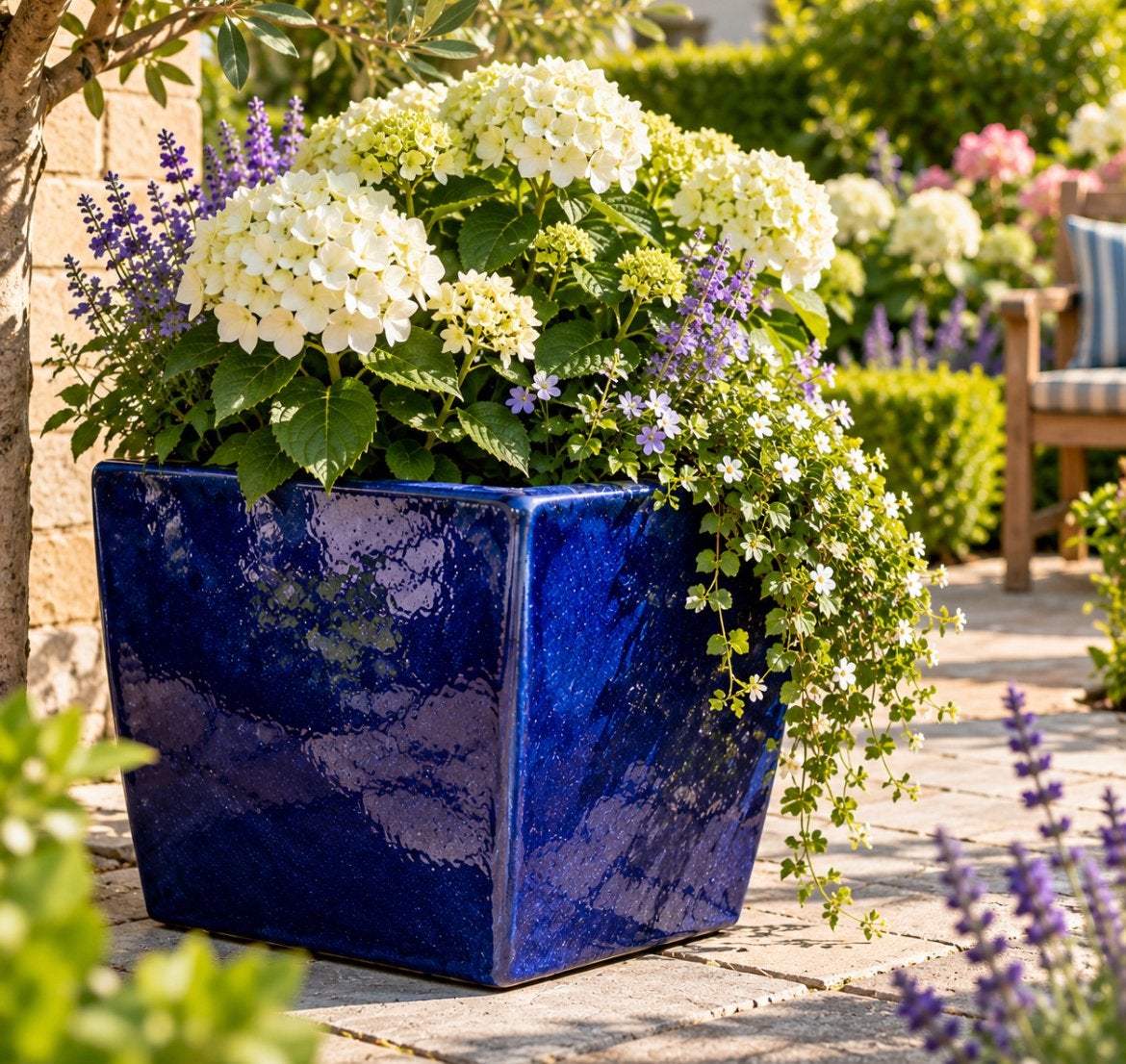 Prachtige blauw geglazuurde keramische plantenpot 43x43x43cm, Tuin en Terras, Ophalen, Steen, Rond, Zo goed als nieuw