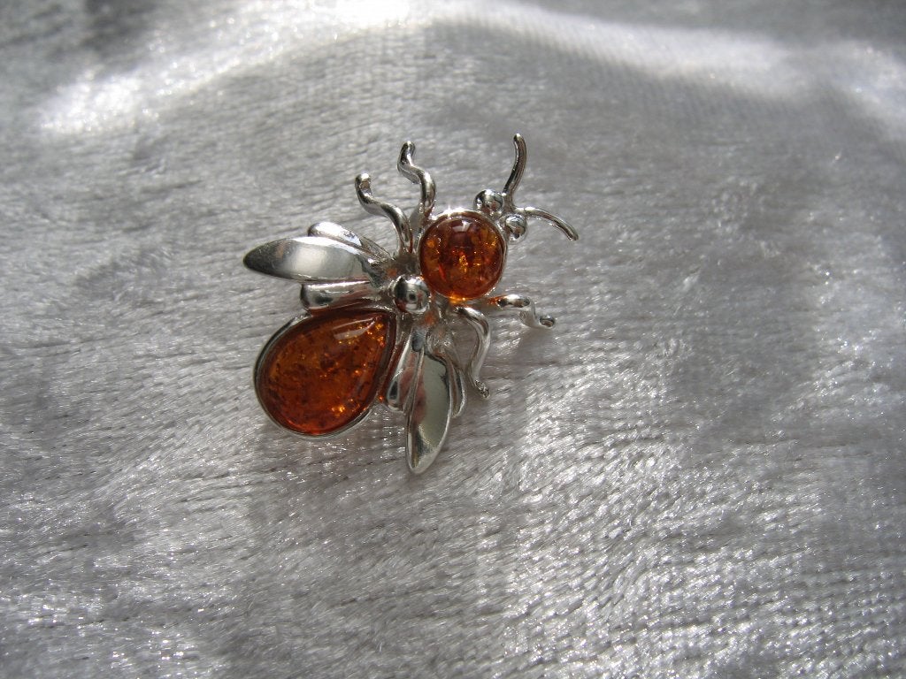 Mooi Fijn Klein Zilveren Broche met Barnstenen - Insekt, Verzenden, Zilver, Broche, Met edelsteen