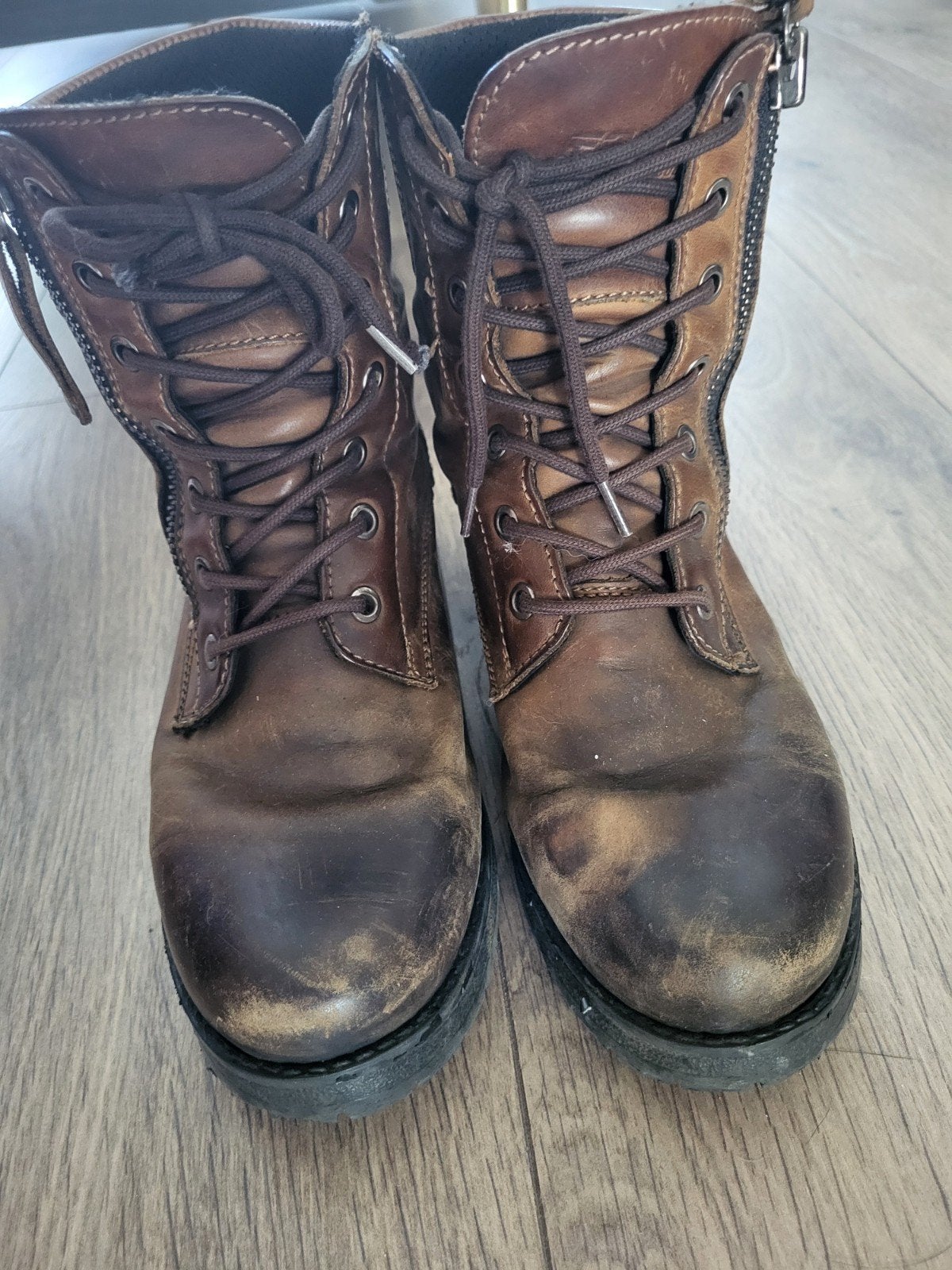 Bruine leren biker boots dames - Maat 39, Overige typen, Ophalen of Verzenden, Mustang, Dames