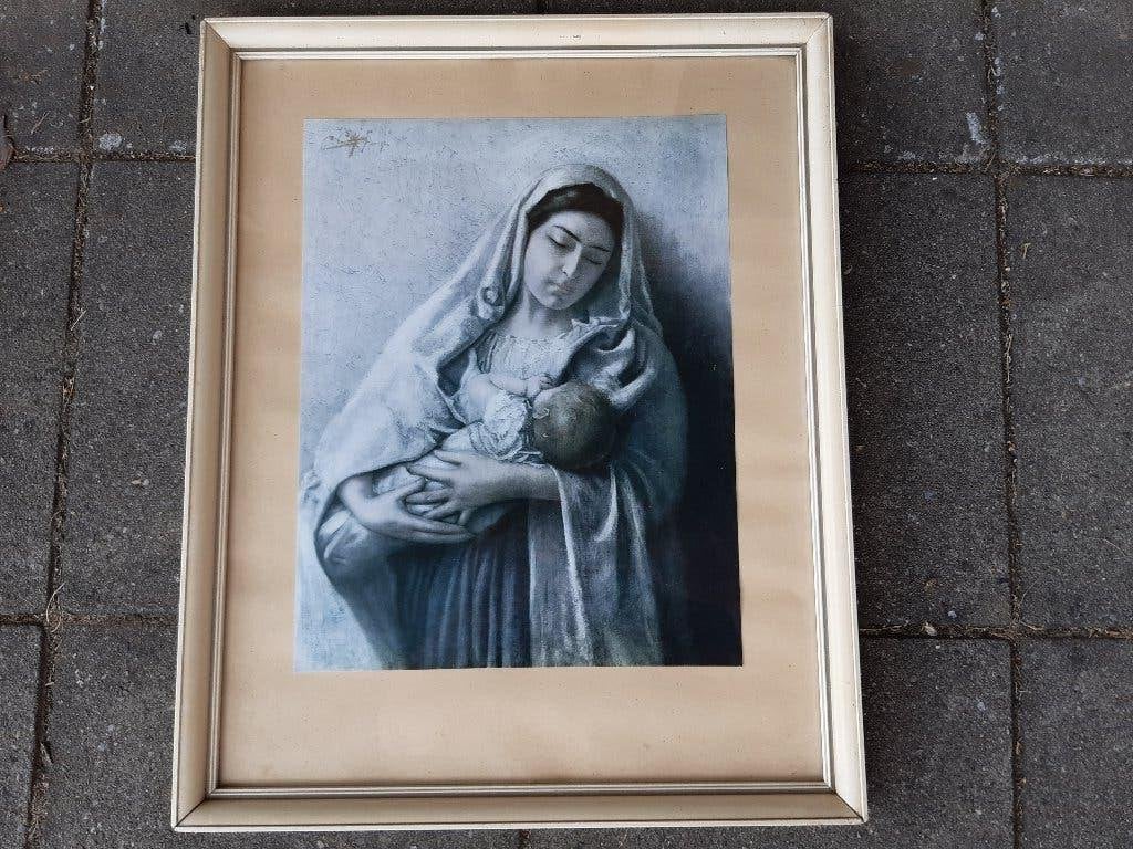 Retro religieuze prent in lijst Maria met kind, Antiek en Kunst, Ophalen of Verzenden