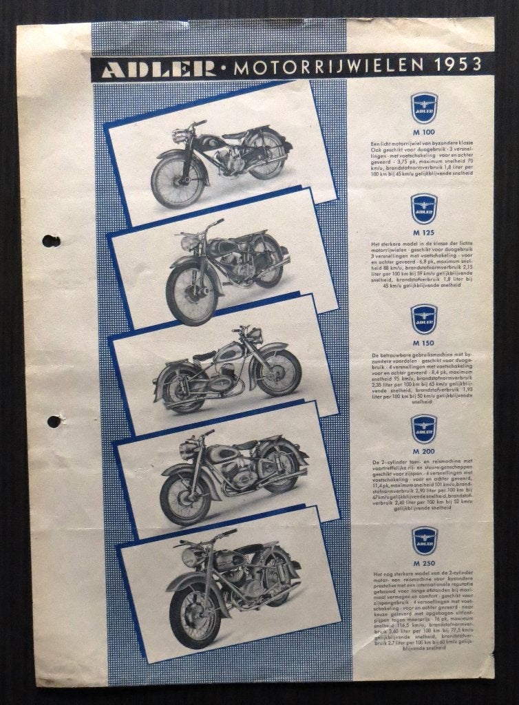 Flyer ADLER Motorrijwielen 1953 - 2 blz (Nederlands), Motoren, Verzenden, Overige merken
