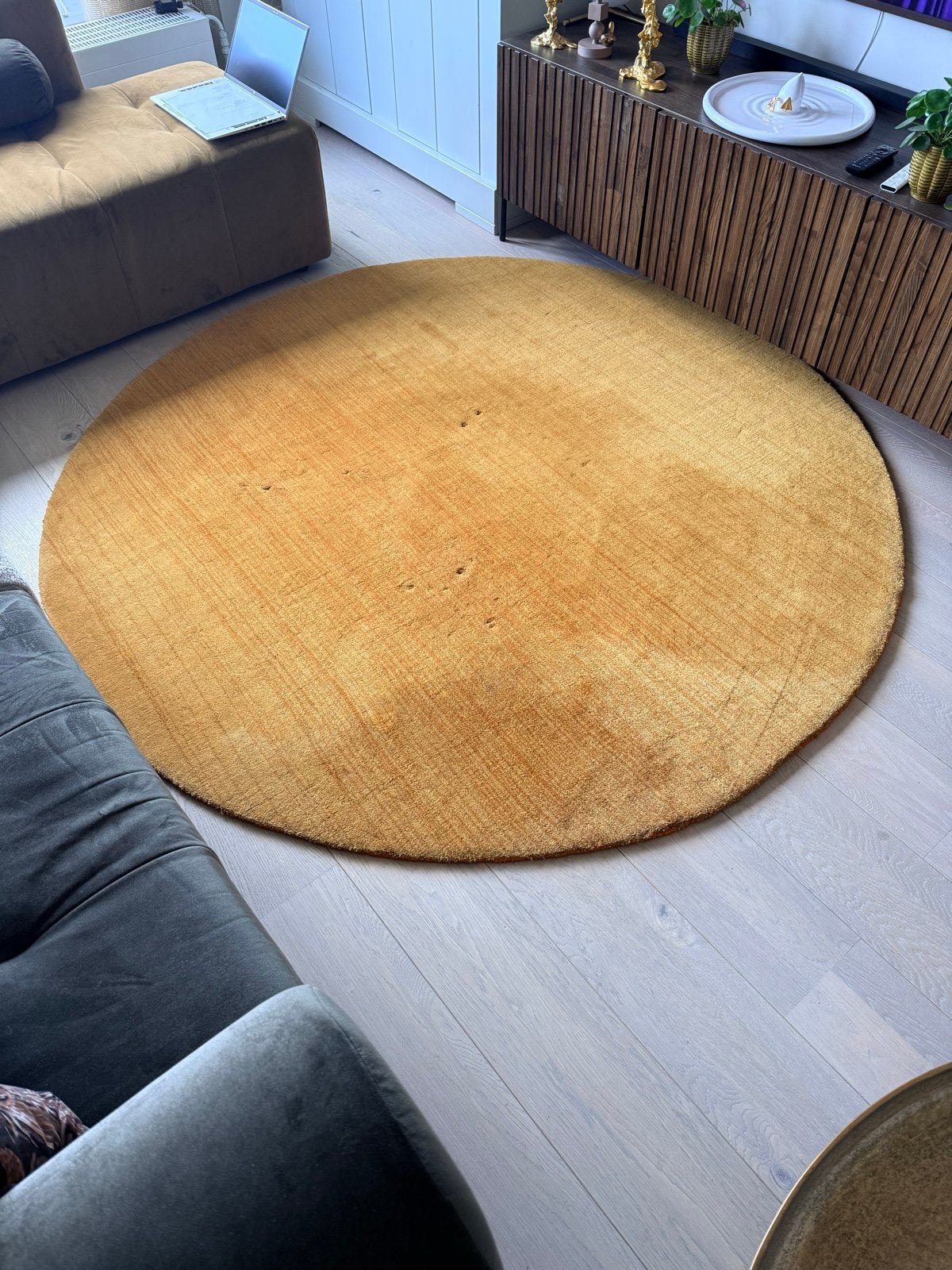 Rond handgeknoopt wollen vloerkleed 150 cm - goud/okergeel, Gebruikt, Overige kleuren, Rond, 200 cm of meer