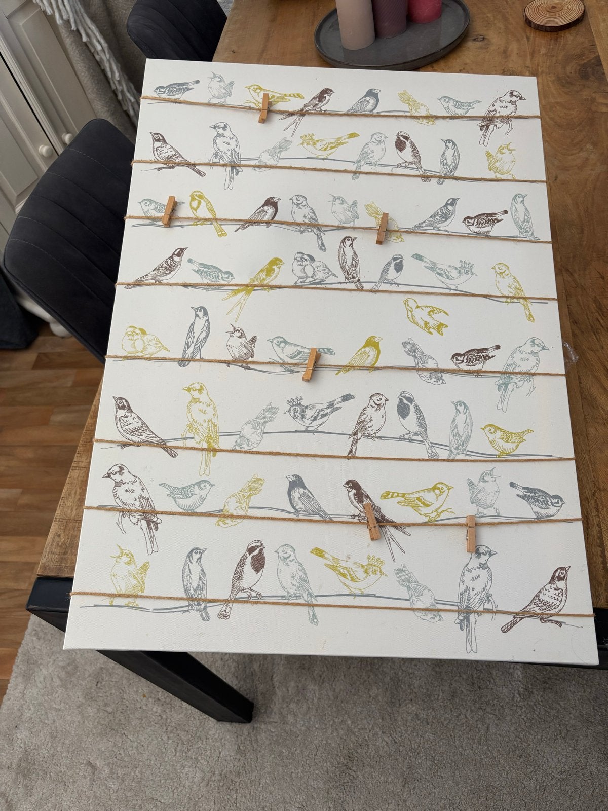 Memobord met vogelprint en wasknijpers, Hout, Gebruikt, Meerkleurig, Overige stijlen