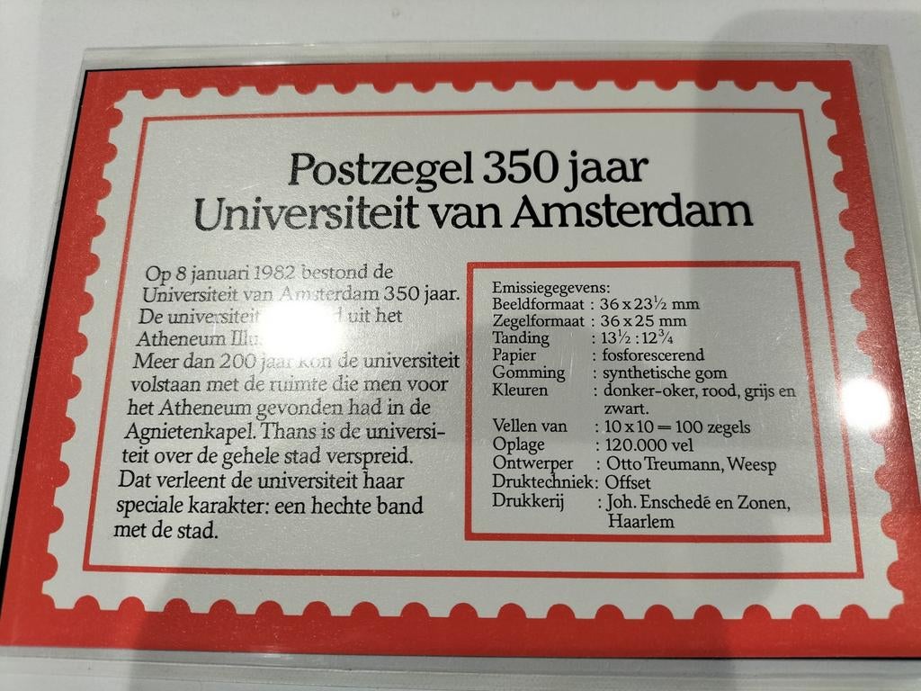 Postfris blok 4 postzegels UvA 350 jaar 1982, Ophalen of Verzenden