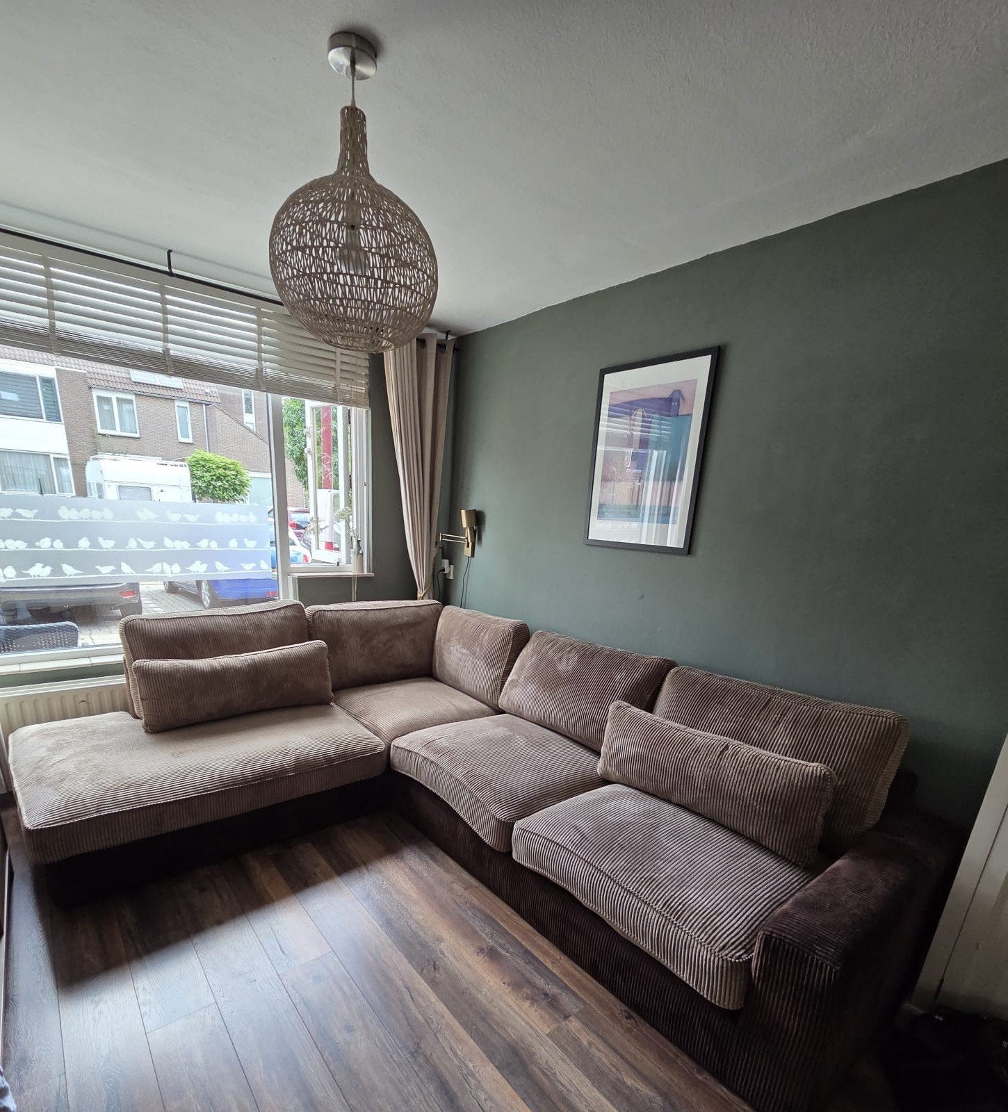 Hoekbank (ruime bank) bruine/beige ribstof 2 tones, Huis en Inrichting, Ophalen, 250 tot 300 cm, Gebruikt, 125 tot 150 cm