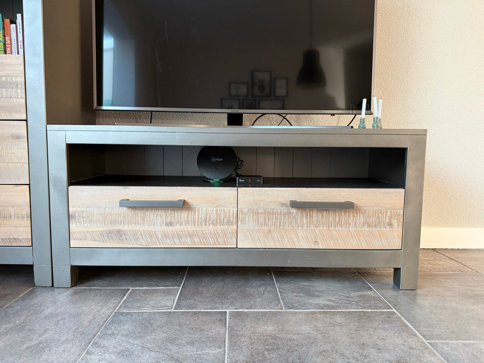 TV-meubel acaciahout, Ophalen, 100 tot 150 cm, Zo goed als nieuw, Minder dan 100 cm