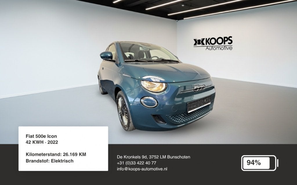 Fiat 500e Icon 42KWH SOH 94% | Car play | Cruise control | L, Auto's, Automaat, Gebruikt, Met garantie (alle), LED verlichting