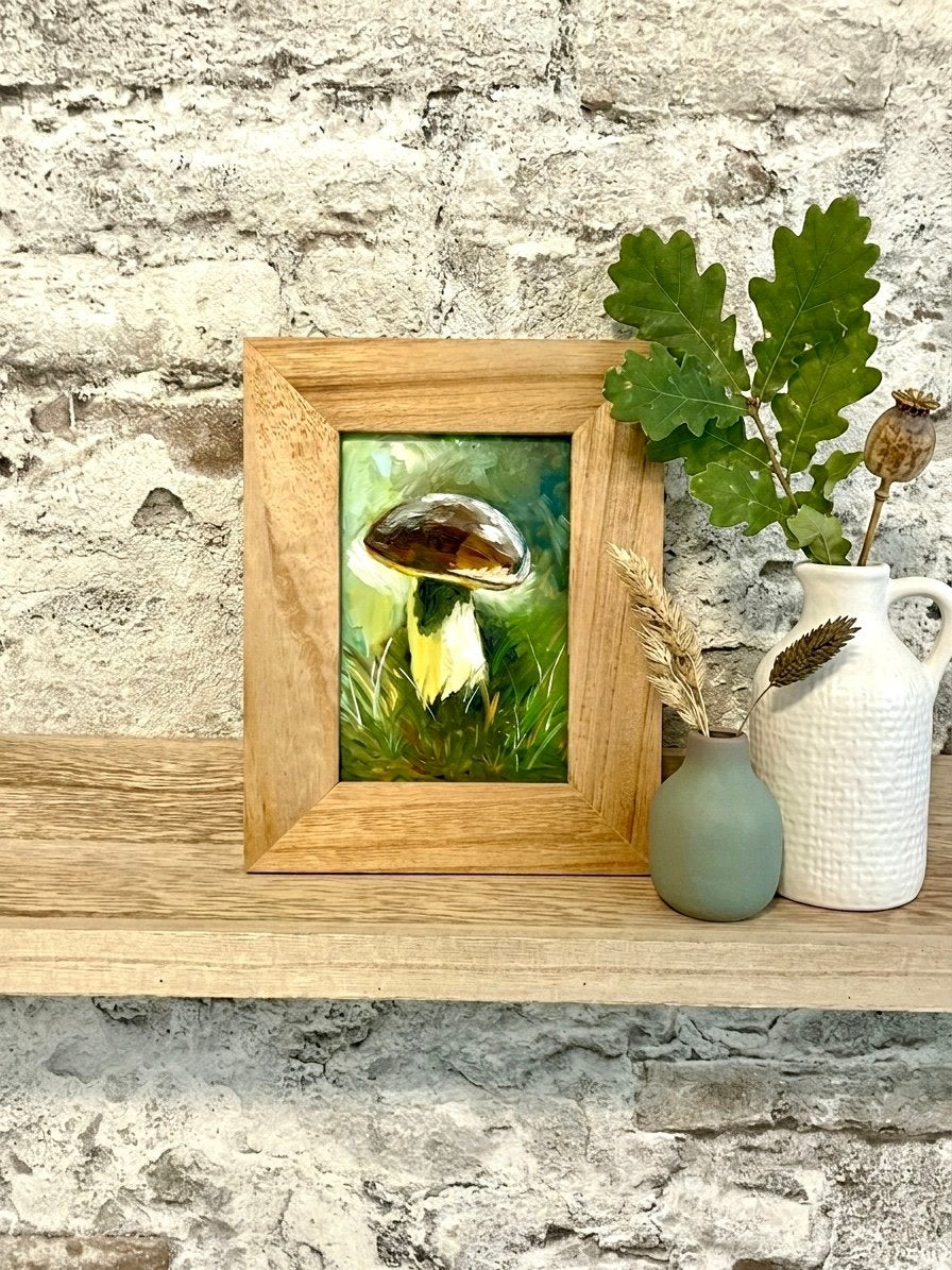 Paddenstoel schilderij in houten lijst, olieverf, Antiek en Kunst, Realistisch, Handgeschilderd, Olieverf, Overige onderwerpen