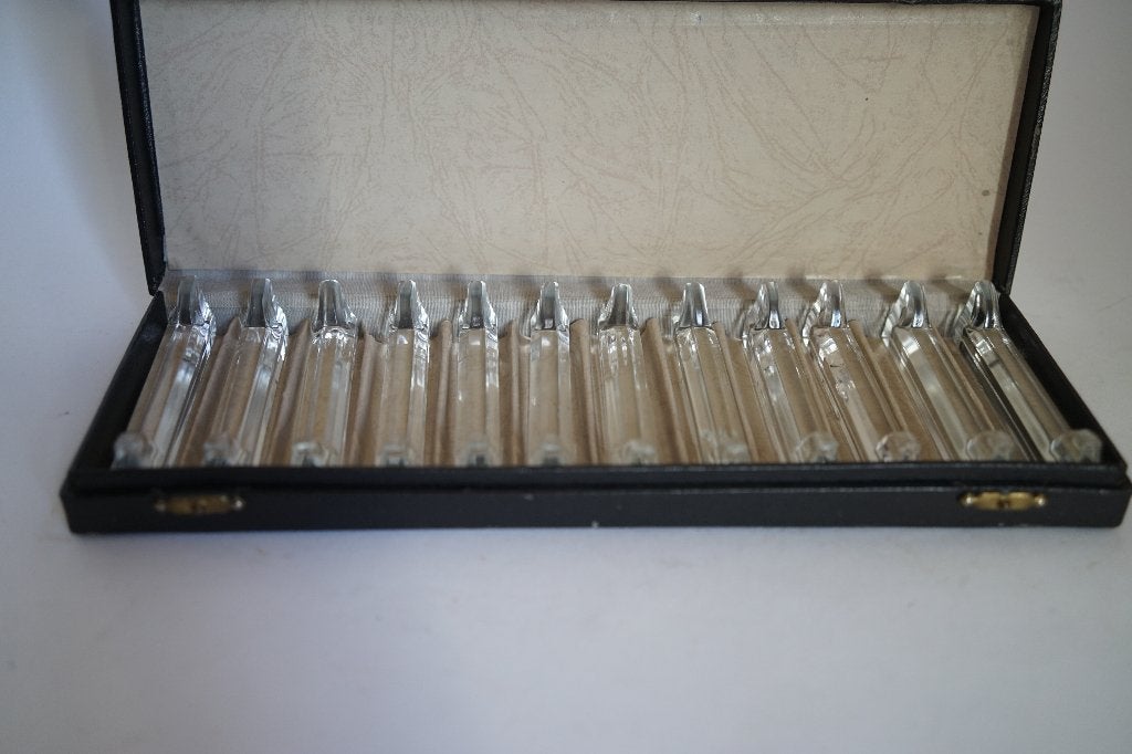 12 antiek messenlegger kristal glas etui doos karton zwart., Antiek en Kunst, Ophalen of Verzenden