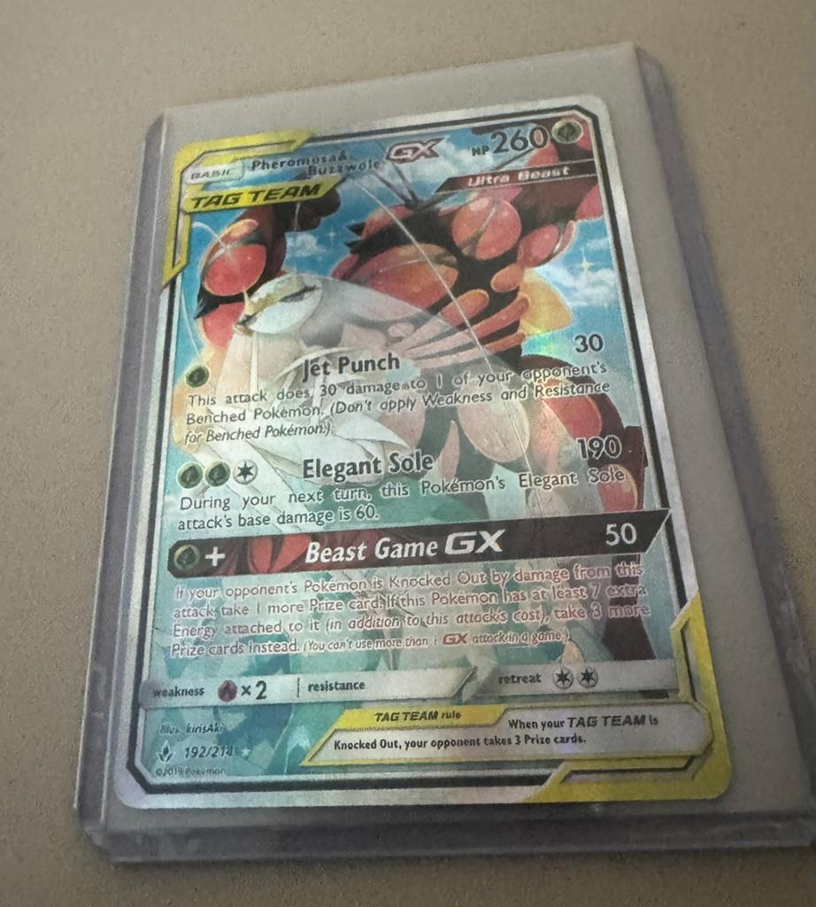 Unieke Pokemon kaart, Pheromosa & Buzzwole-GX, Ophalen of Verzenden, Zo goed als nieuw, Losse kaart